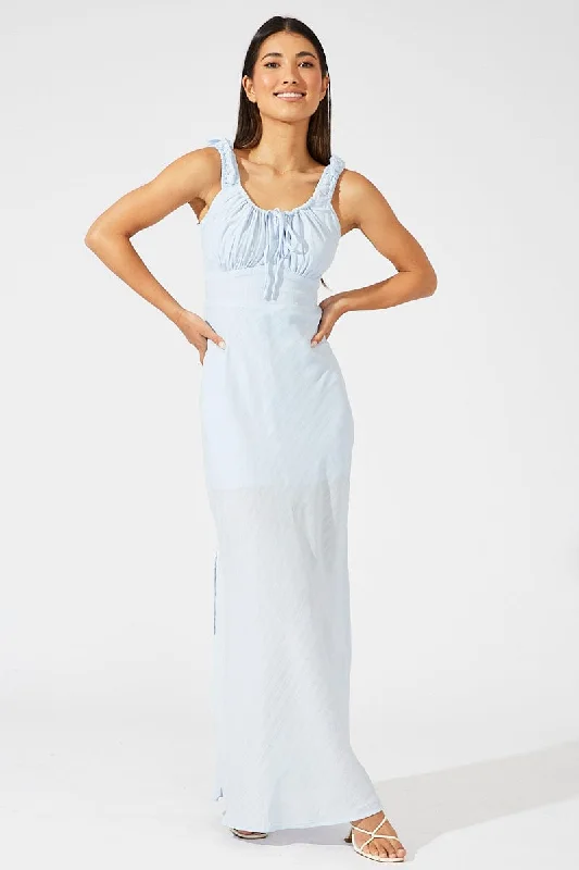 Maxi dresses for a romantic dinner celebration by the beach -Blue Maxi Dress Short Sleeve Ruched Bust