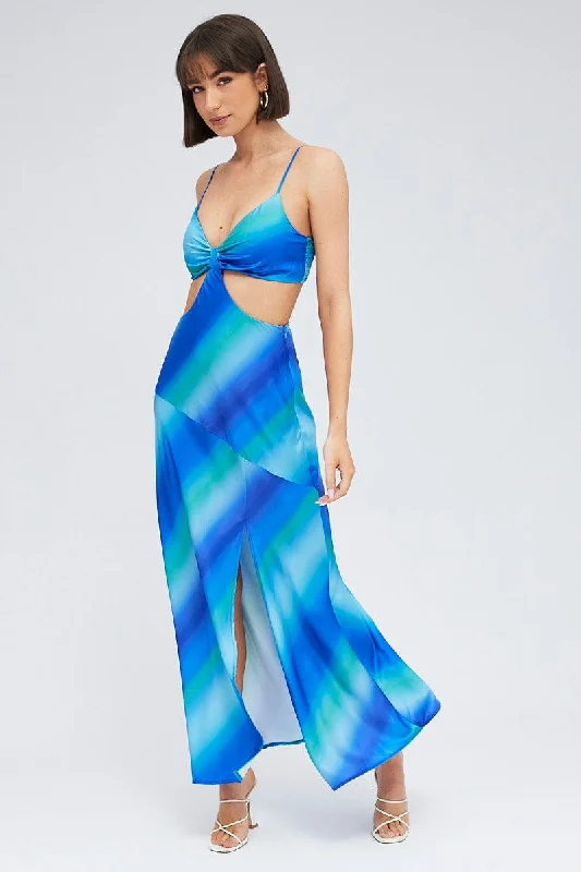 Maxi dresses for an intimate outdoor event in the garden -Blue Print Strappy Dress Maxi Ombre Cut Out Satin