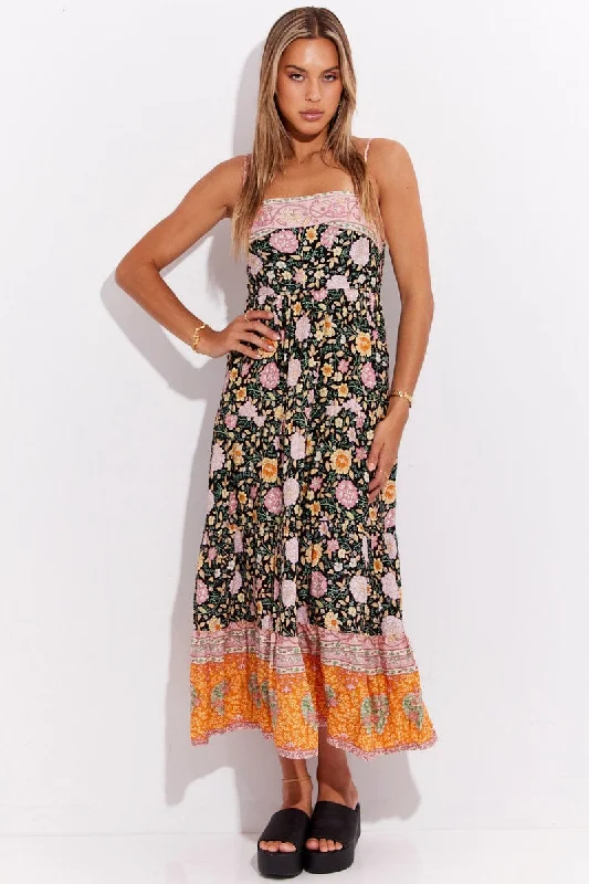 Maxi dresses for a stylish destination wedding at a luxury resort -Boho Print Boho Sleeveless Shirred Back Tiered Maxi Dress