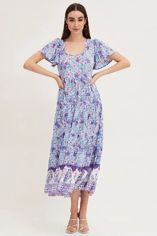 Maxi dresses with intricate lace for sophisticated events -Boho Print Hem Frill Dress Short Sleeve Maxi Square Neck