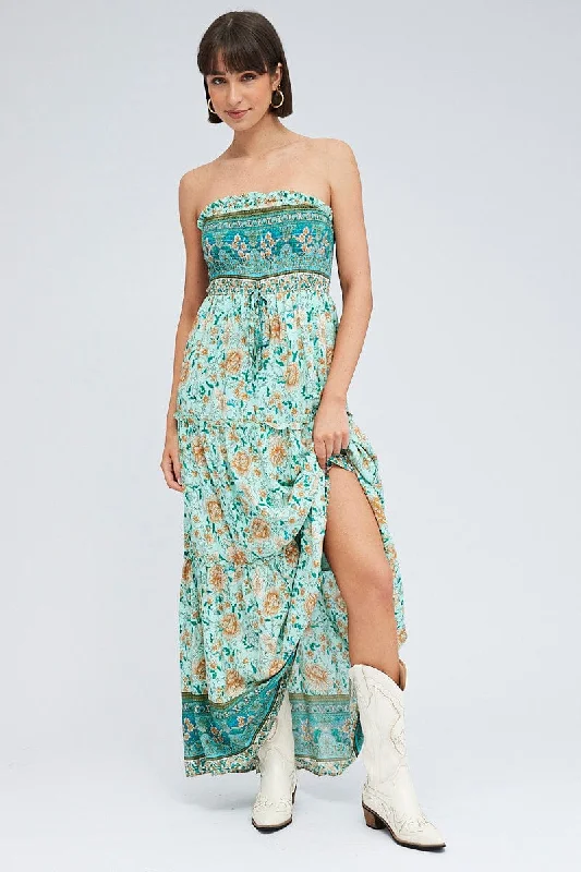 Maxi dresses for an intimate rooftop celebration with friends -Boho Print Maxi Dress Bandeau Sun Dress