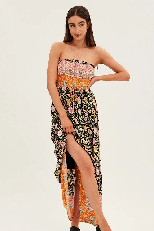 Maxi dresses for a romantic evening celebration by the lake -Boho Print Maxi Dress Bandeau Sun Dress