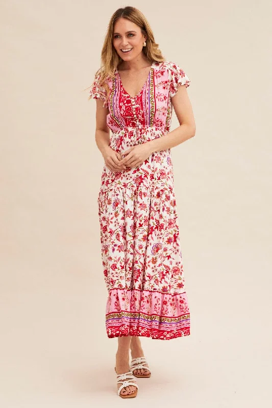 Maxi dresses for a chic garden party with an evening vibe -Boho Print Maxi Dress Short Sleeve V-Neck