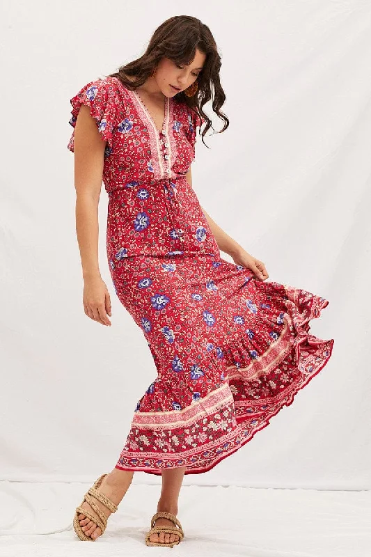 Maxi dresses for a luxury brunch event with friends by the beach -Boho Print V-Neck Short Sleeve Maxi Dress