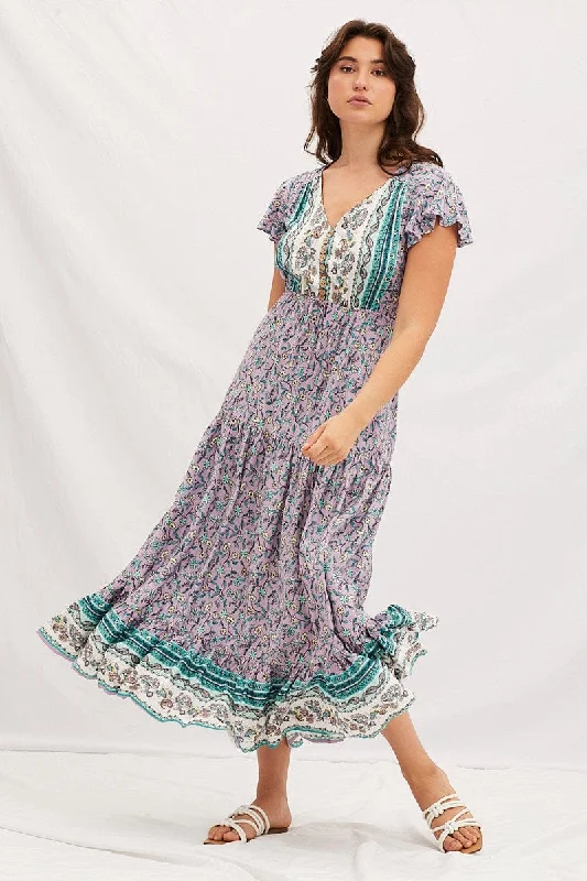 Maxi dresses with lace accents for an elegant touch -Boho Print V-Neck Short Sleeve Maxi Dress