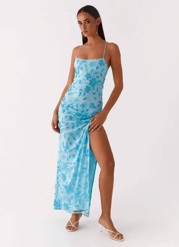 Maxi dresses for a beachside celebration in a tropical resort -Bright Lights Beaded Maxi Dress - Blue