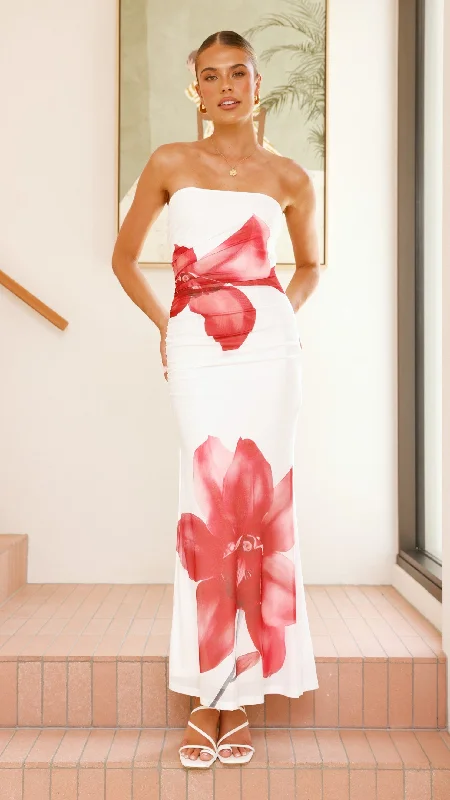 Maxi dresses for a garden celebration with a casual chic vibe -Brittani Strapless Maxi Dress - White/Red