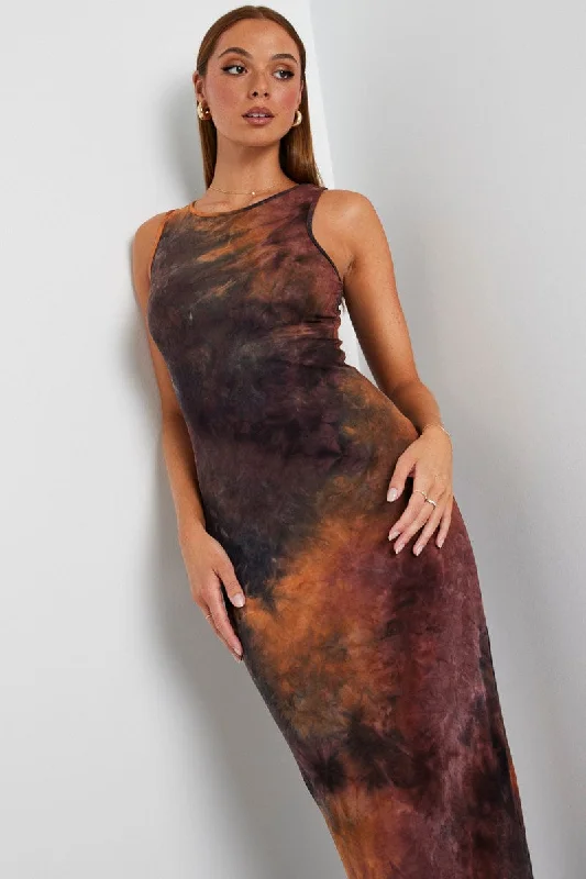 Maxi dresses for a luxurious wedding reception by the sea -Brown Abstract Maxi Dress Sleeveless Jersey