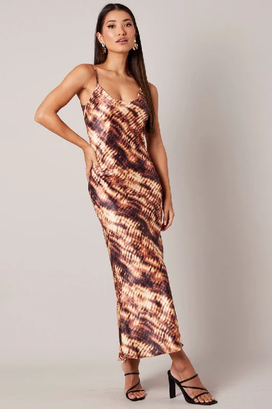 Maxi dresses for a sophisticated summer wedding reception -Brown Abstract Maxi Dress Strappy