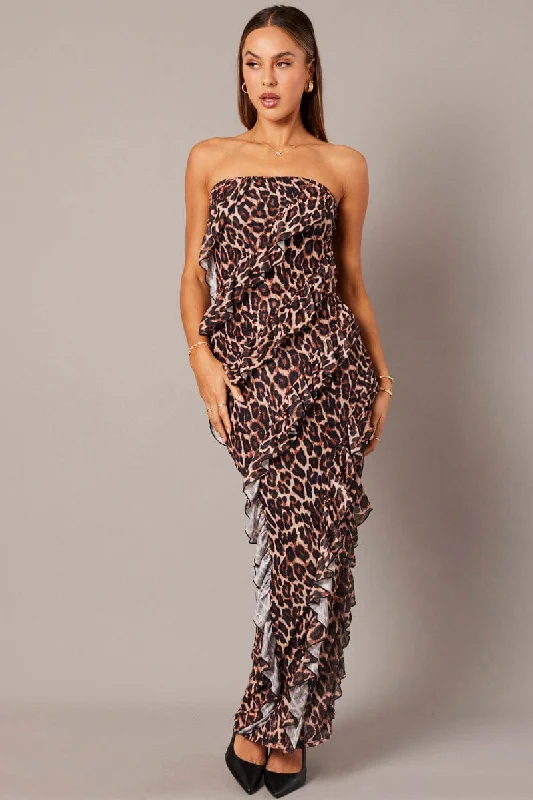 Maxi dresses for a formal gathering at an upscale hotel -Brown Animal Print Ruffle Maxi Dress Strapless Bandeau Frilly Dress