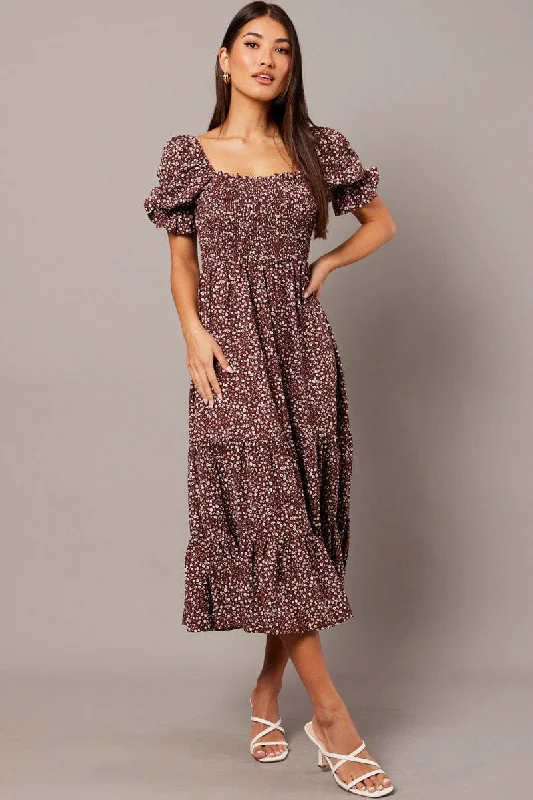 Maxi dresses for a luxury celebration by the ocean at sunset -Brown Ditsy Maxi Dress Puff Sleeve