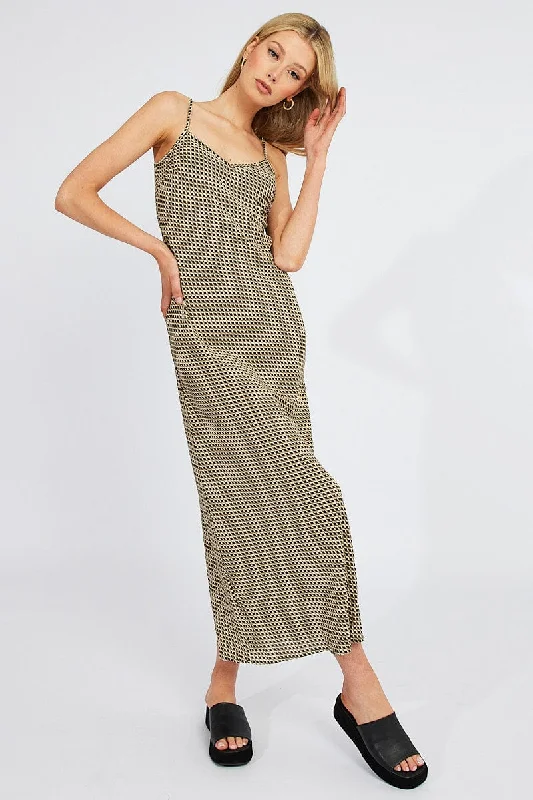 Maxi dresses for a glamorous dinner celebration on a yacht -Brown Geo Maxi Dress Bias Cut