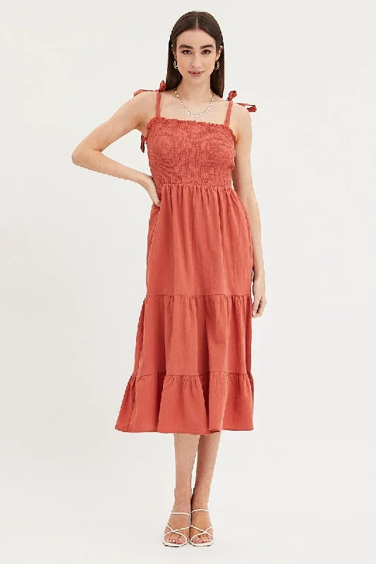 Maxi dresses for a family-friendly event in a vineyard -Brown Maxi Dress Sleeveless Tie Shoulder Square Neck