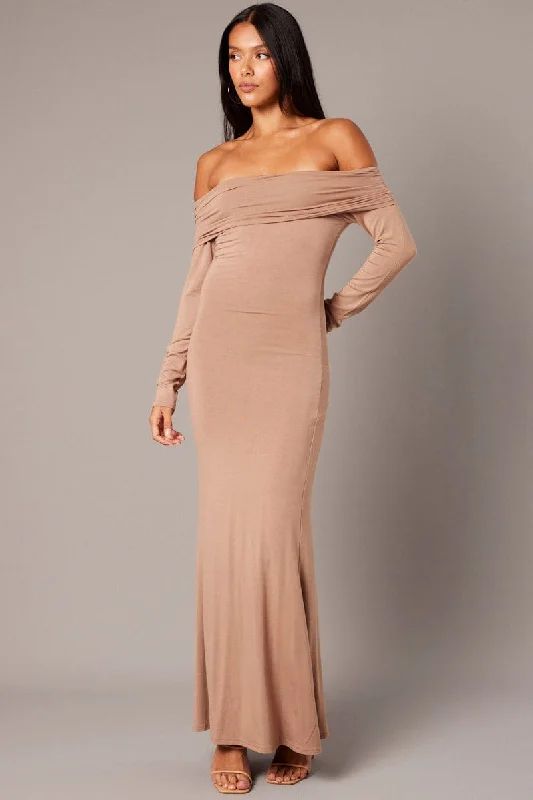 Maxi dresses for an intimate rooftop celebration in the city -Brown Off Shoulder Dress Long Sleeve Maxi