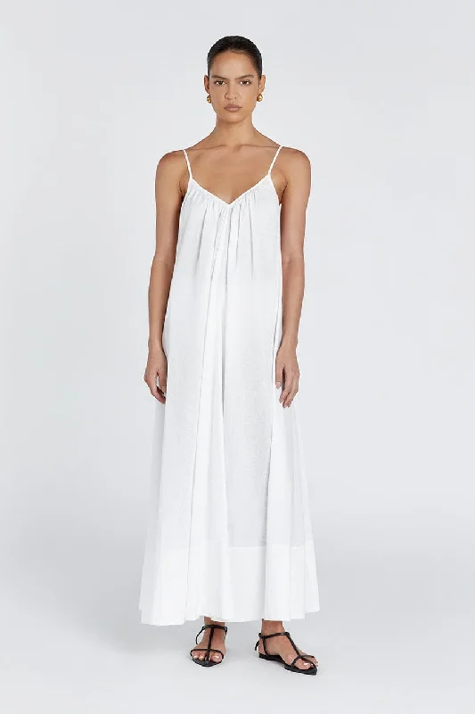 Maxi dresses with sequins for a sparkling evening look -CAPRI WHITE LINEN SHEER MAXI DRESS