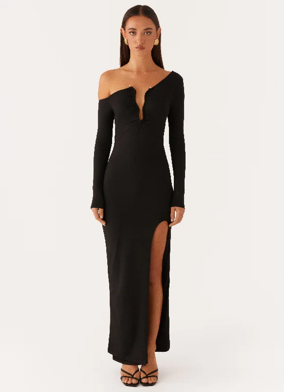 Maxi dresses for a chic winter evening celebration in the city -Claudette Asymmetric Long Sleeve Maxi Dress - Black