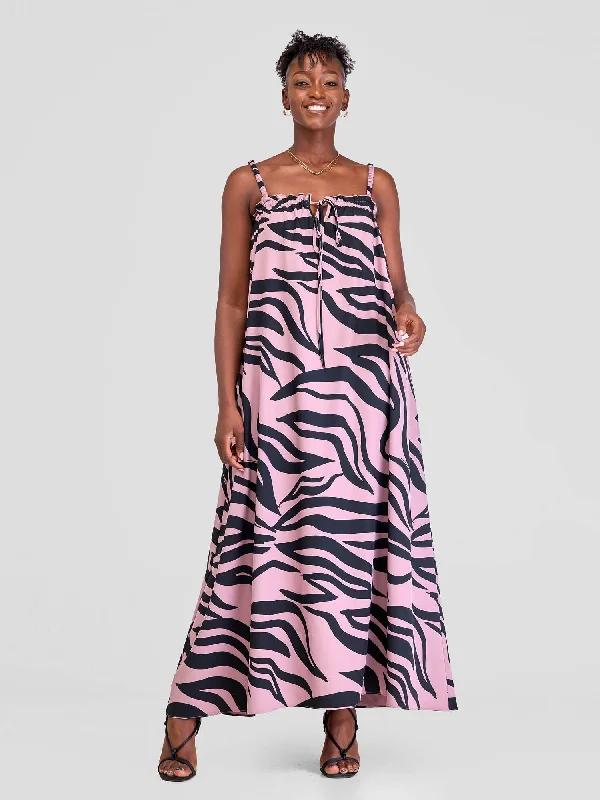 Maxi dresses for a family gathering at a tropical resort -Vivo Situ Ruffle Neck Maxi Dress- Peach / Black Tiri Print