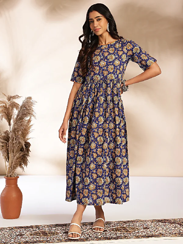 Maxi dresses for a sophisticated formal family dinner -Dark Blue Cotton Floral Printed Gathered Maxi Dress