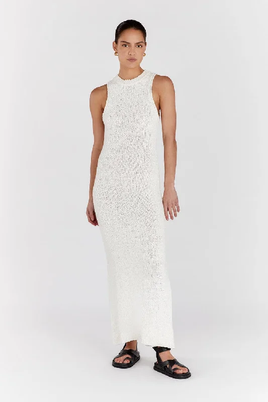 Maxi dresses for a formal celebration at a historic mansion -DION OFF WHITE BOUCLE CREW MAXI DRESS