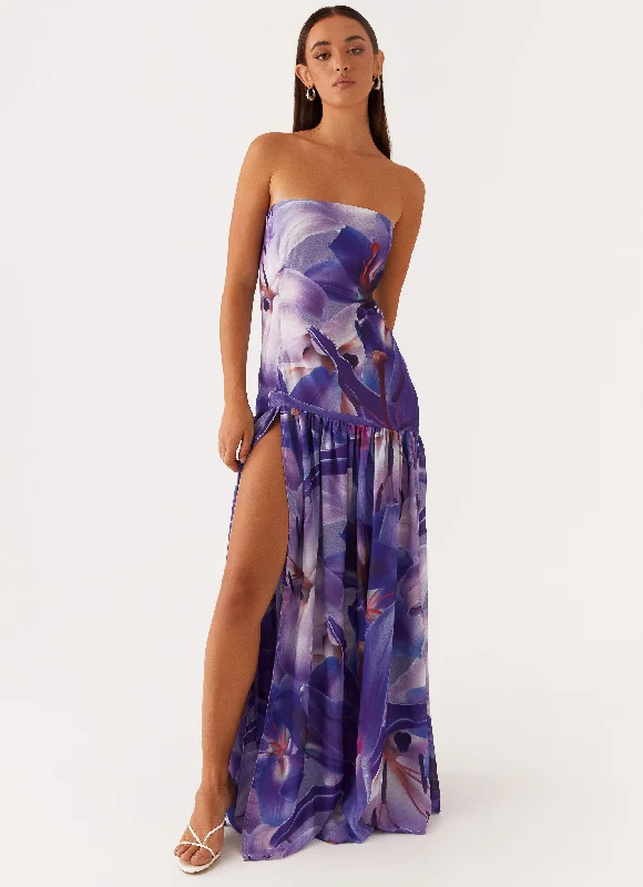 Maxi dresses for a stylish garden dinner celebration at dusk -Eden Strapless Maxi Dress - Purple White Lilly