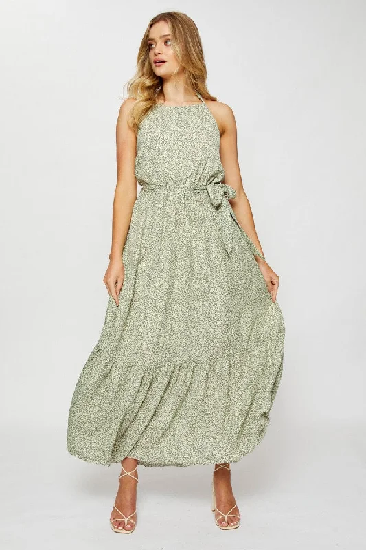 Maxi dresses with delicate lace detailing for a romantic look -Geo Print Maxi Dress Halter Neck