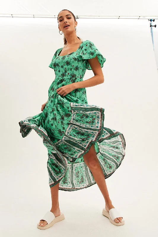 Maxi dresses for an intimate garden wedding at sunset -Green Boho Maxi Dress Square Neck Short Sleeve