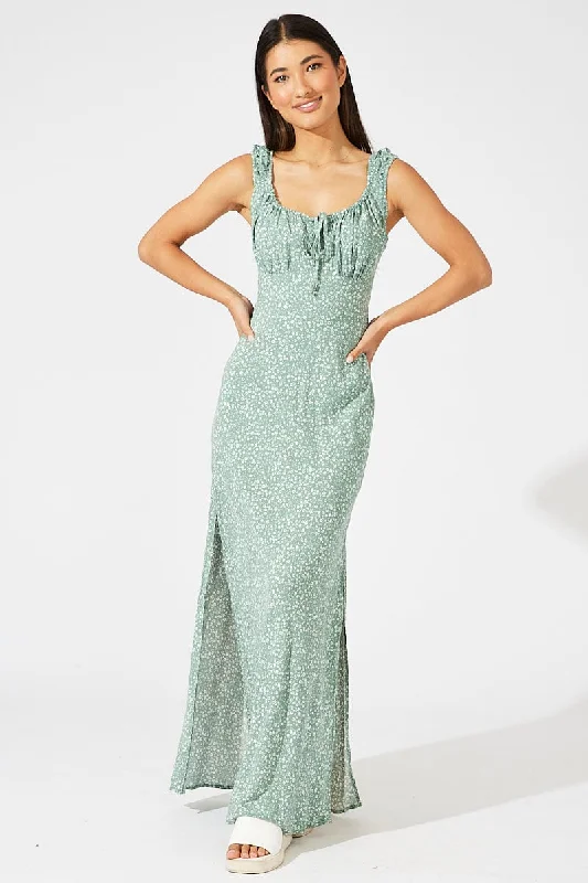 Maxi dresses for a formal celebration at a luxury hotel -Green Ditsy Maxi Dress Short Sleeve Ruched Bust