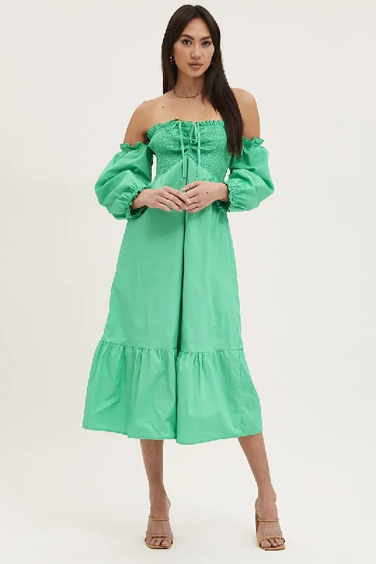 Maxi dresses with a floral design for a summery vibe -Green Dress Off Shoulder Maxi