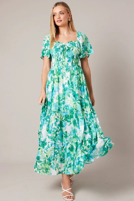 Maxi dresses with velvet fabric for a rich and luxurious look -Green Floral Maxi Dress Short Sleeve Shirred