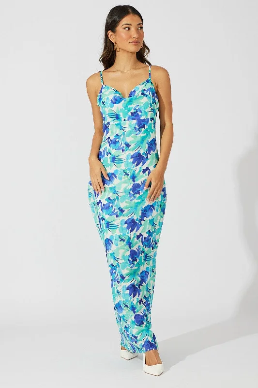 Maxi dresses for a sophisticated outdoor cocktail event -Green Floral Maxi Dress Slip Cami Watercolour Print