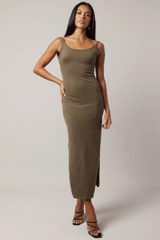 Maxi dresses for a chic rooftop event in the city -Green Knit Dress Sleeveless Maxi