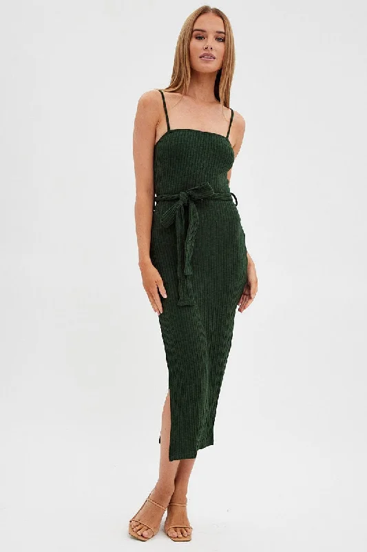 Maxi dresses for a luxury family dinner in a private estate -Green Maxi Dress Bodycon Tie Belted Rib