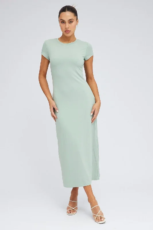 Maxi dresses for a luxurious wedding reception by the sea -Green Maxi Dress Short Sleeve Bodycon SuperSoft