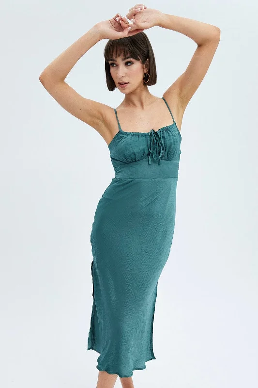 Maxi dresses for an elegant family dinner celebration in a garden -Green Maxi Dress Sleeveless Ruched Bust Satin