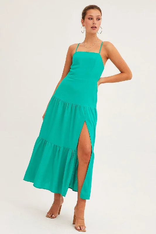 Maxi dresses for a sophisticated outdoor cocktail event -Green Maxi Dress Sleeveless Square Neck Linen Blend