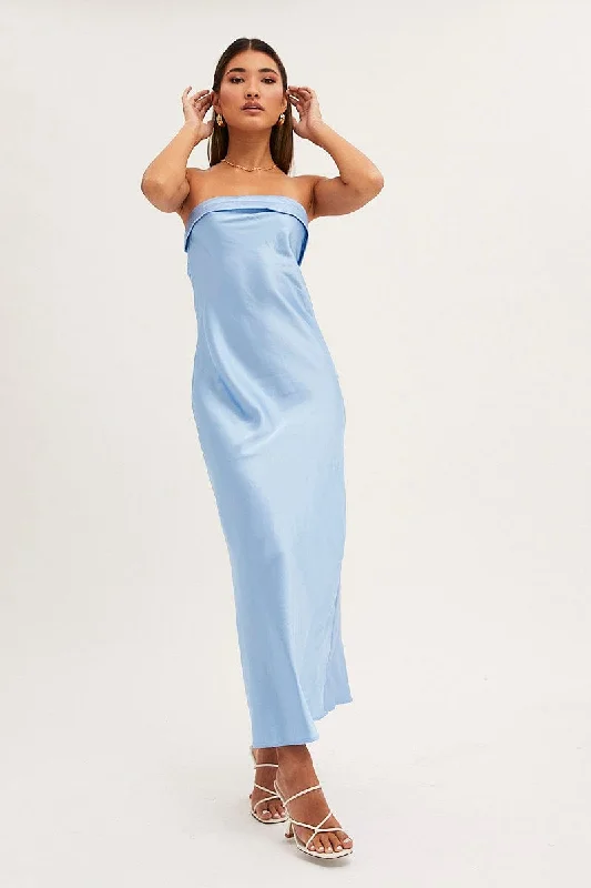 Maxi dresses for a glamorous wedding at a high-end resort -Blue Satin Dress Maxi Strapless