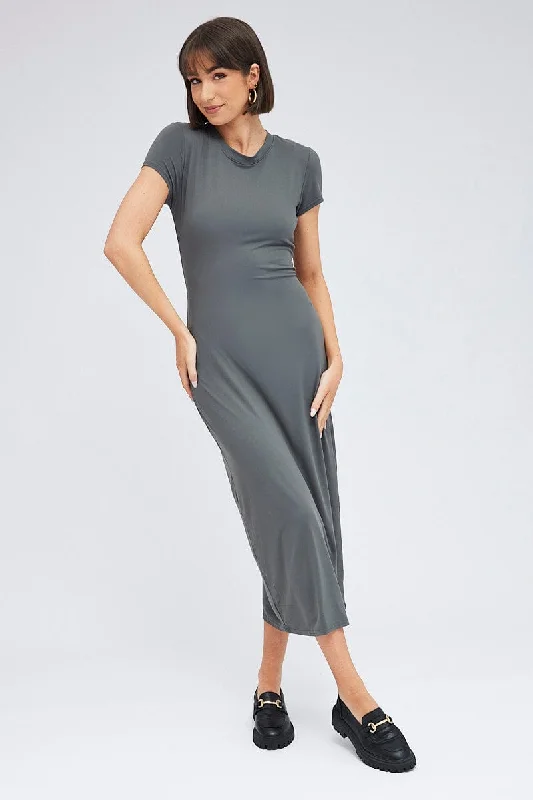 Maxi dresses for a glamorous evening gathering in the countryside -Grey Maxi Dress Short Sleeve Bodycon SuperSoft