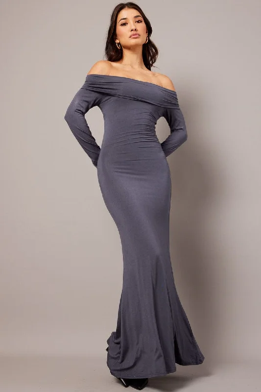 Maxi dresses for an intimate family celebration in a luxury hotel -Grey Off Shoulder Dress Long Sleeve Maxi