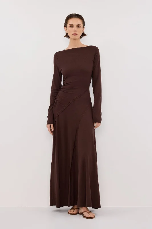 Maxi dresses for a luxurious beachside reception at sunset -HADLEY CHOC SLEEVED KNIT MAXI DRESS - PRE ORDER