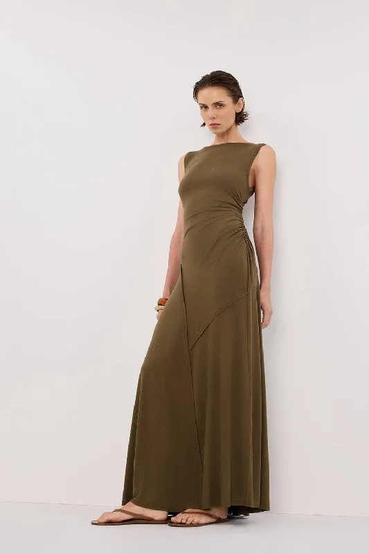 Maxi dresses for a casual family celebration at the beach -HADLEY OLIVE SLEEVELESS KNIT MAXI DRESS - PRE ORDER