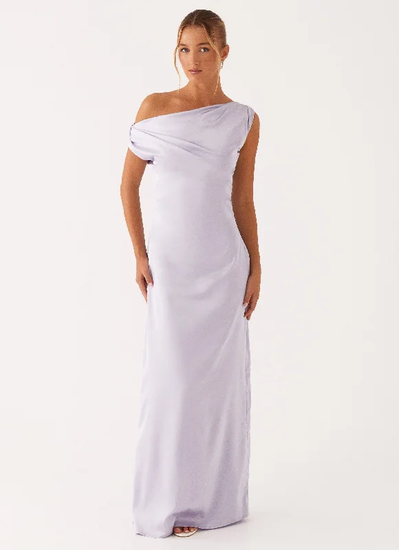 Maxi dresses for a beach wedding in a tropical resort -Heart Of Glass Satin Maxi Dress - Lilac