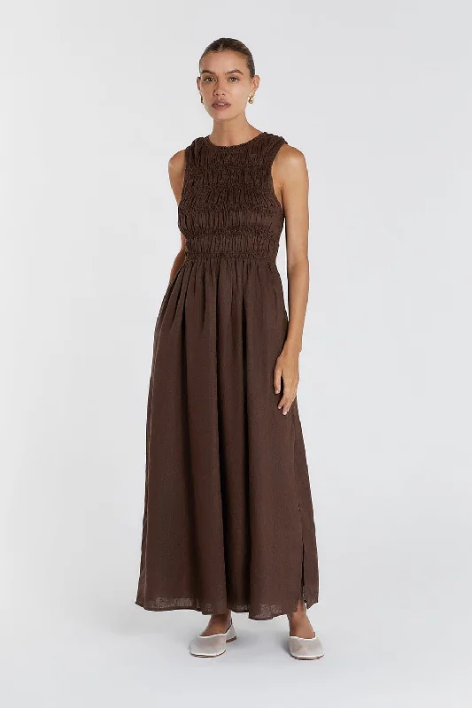 Maxi dresses for an elegant celebration at a luxury restaurant -LESSI BITTER CHOC LINEN MAXI DRESS