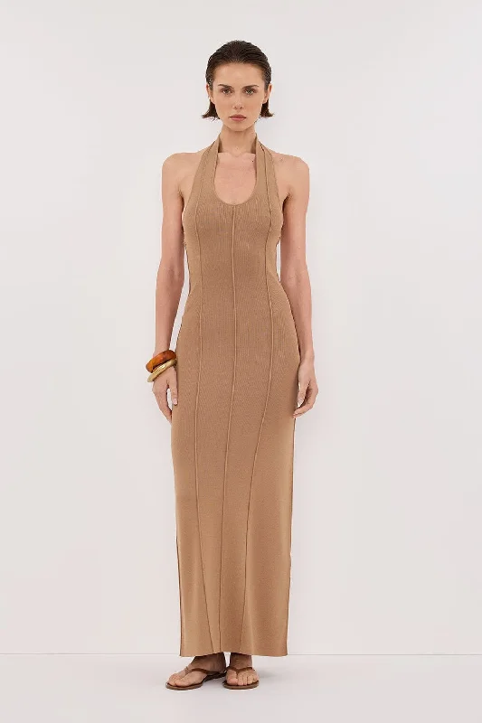 Maxi dresses for a chic formal gathering at a luxury hotel -LISS TAN HALTER KNIT MAXI DRESS