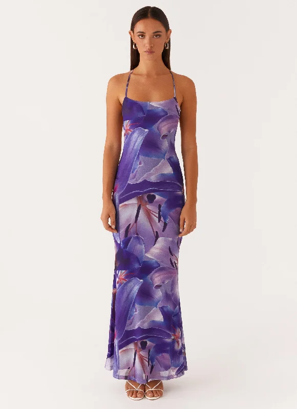 Maxi dresses for a luxury celebration by the ocean at sunset -Livia Maxi Dress - Purple White Lilly