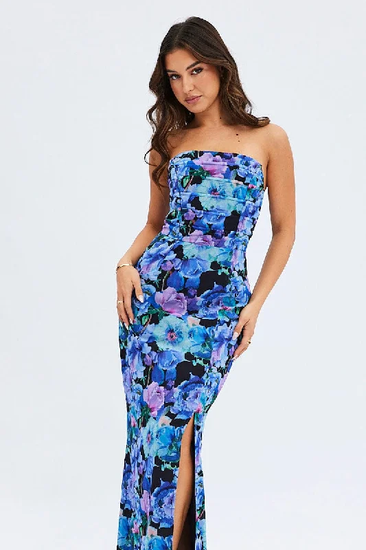 Maxi dresses for a glamorous evening out at a high-end venue -Multi Floral Bandeau Strapless Side Split Chiffon Maxi Dress