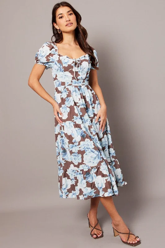 Maxi dresses for an intimate family celebration in a luxury hotel -Multi Floral Maxi Dress Puff Sleeve