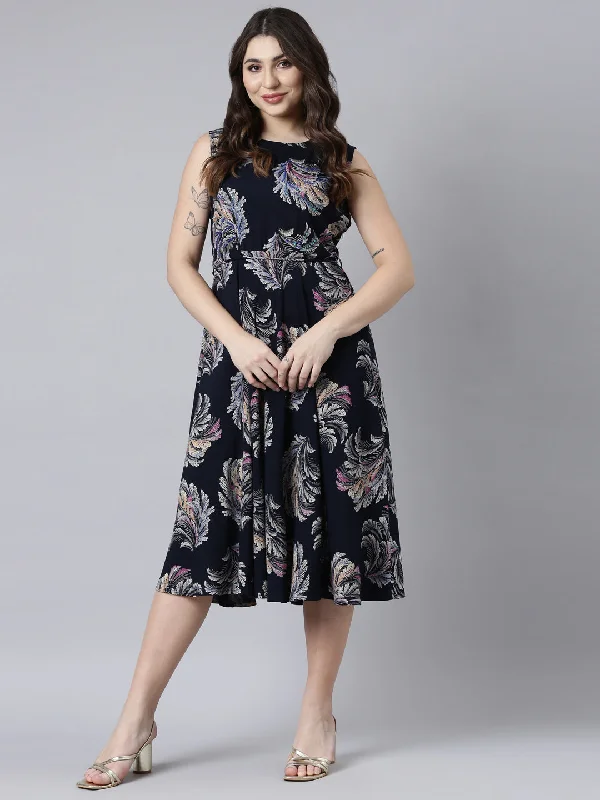 Maxi dresses with lace accents for an elegant touch -Neerus Navy Blue Straight Casual Floral Maxi Dresses