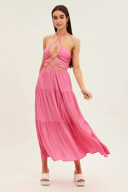 Maxi dresses for a family gathering at a tropical resort -Pink Cut Out Maxi Dress