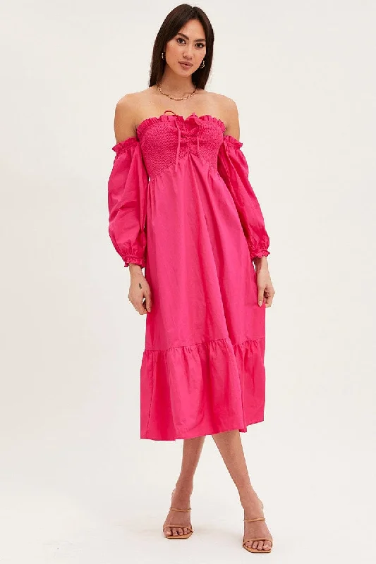 Maxi dresses for an outdoor reception at a beachside villa -Pink Dress Off Shoulder Maxi