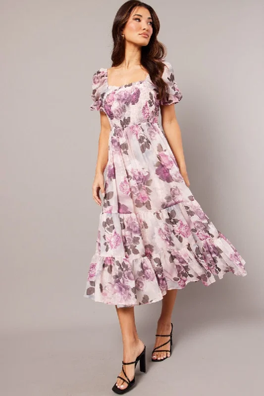 Maxi dresses for an upscale garden wedding with family -Pink Floral Maxi Dress Puff Sleeve